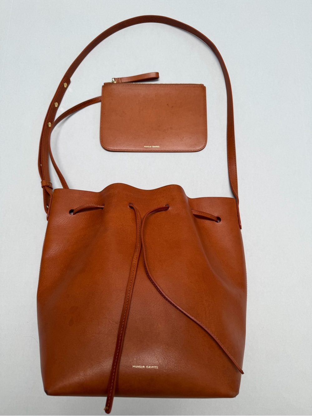 Mansur Gavriel Cognac Leather Drawstring Bucket Bag with Zip Pouch